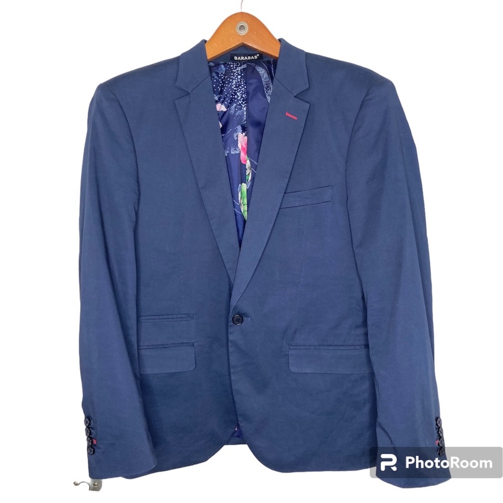 Barabas Navy Blazer XL 44R Single Button Cotton Spandex Blend, Surgeon Cuffs